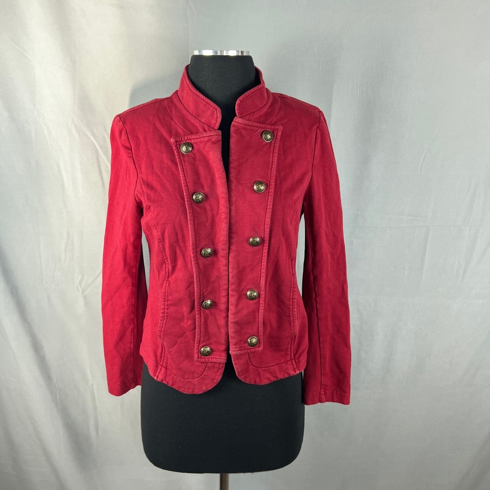 Tommy Hilfiger Military Jacket Women Medium Red Cotton Stretch Gold Crest Button